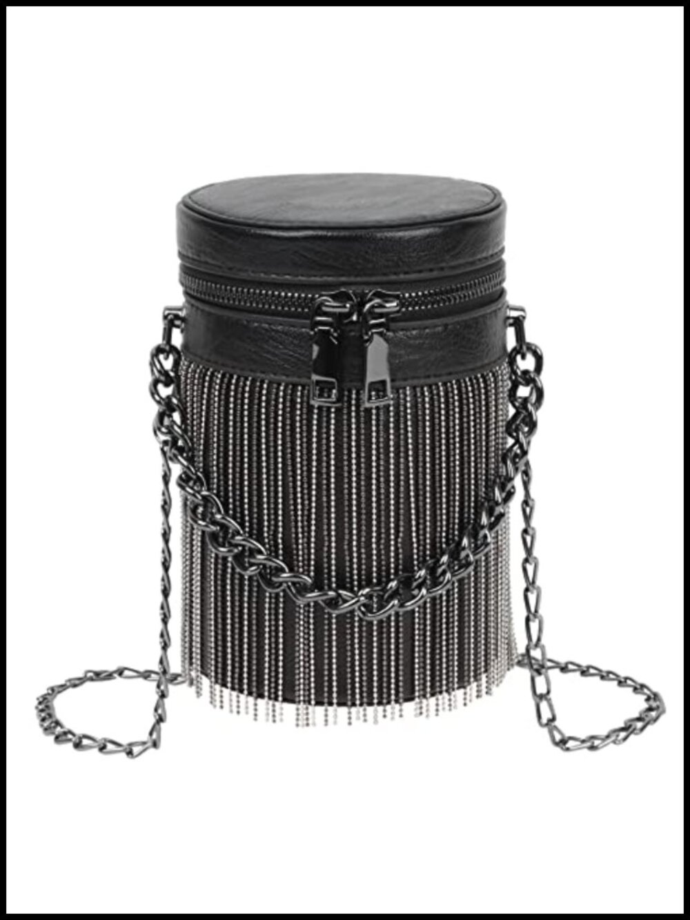 Women Glitter Rhinestone Tassel Faux Leather Bucket Crossbody Bag